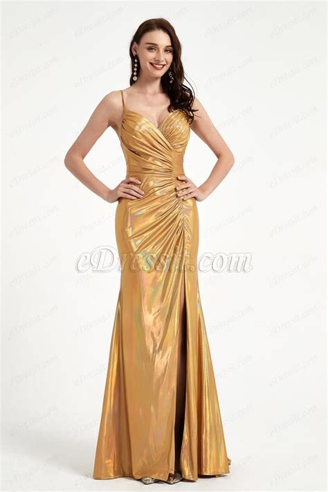 Shiny Gold-Yellow Pleated Elegant Party Evening Dress (00204503) - eDressit