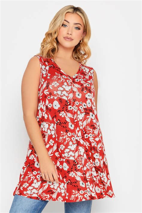 YOURS Plus Size Red Floral Pleat Front Vest Top | Yours Clothing