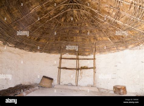 Interior with thatched roof ceiling inside a recreated Neolithic stone ...