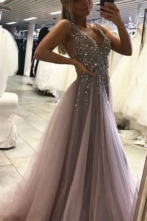 open back evening dress,tulle prom dress, v neck | Prom dresses sleeveless, Side split prom ...