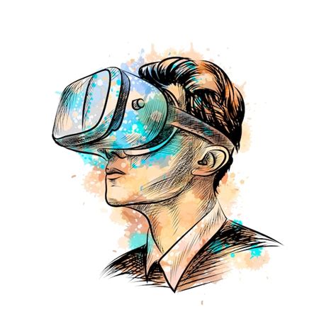 Homem usando fone de realidade virtual de um toque de aquarela, esboço ...