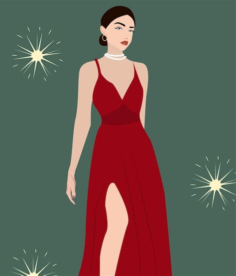 Premium Vector | Beautiful brunette girl in a red evening dress. A ...