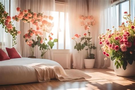 Premium AI Image | A bedroom with a bed and flowers on the wall