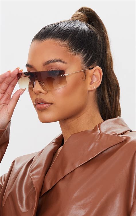 Brown Faded Lens Square Frameless Sunglasses | PrettyLittleThing KSA