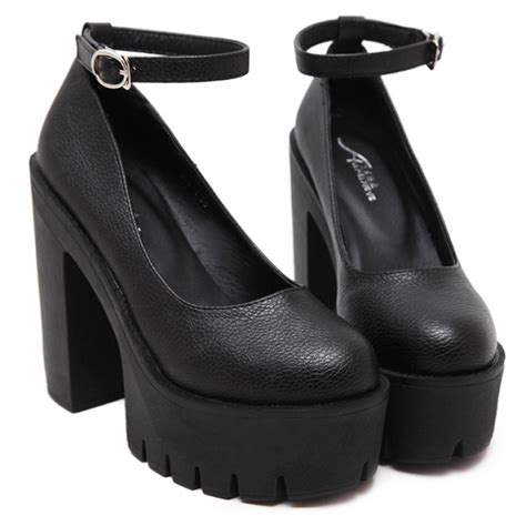 Black Chunky Cleated Platforms Sole Block High Heels Mary Jane Shoes