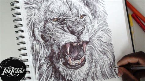 EPIC LION ROAR PEN DRAWING - INKTOBER DAY 2 (2017) | Lion face drawing ...