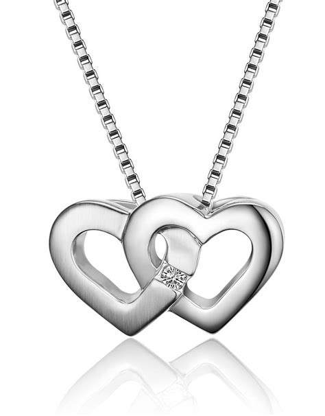 Sterling Silver Double Heart Diamond Necklace 18" - Simply Sterling