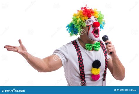 Funny Clown with a Microphone Singing Karaoke Isolated on White Stock Image - Image of ...