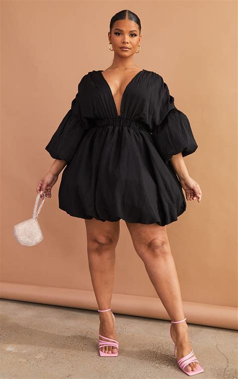 Plus Black Puff Sleeve Puffball Hem Dress | Plus Size | PrettyLittleThing CA