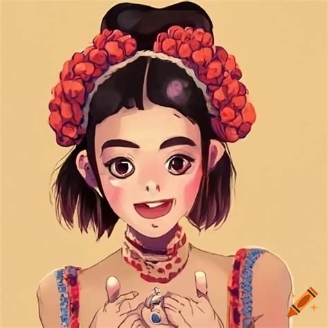 Retro anime-style image of a non-binary person from mexico in traditional mexican clothing
