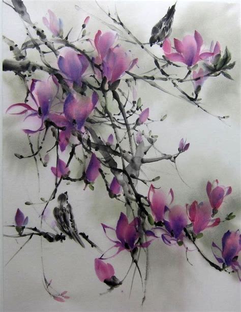 Magnolia and Sparrows, Japanese ink painting, Suibokuga, Sumi-e, Flower ...