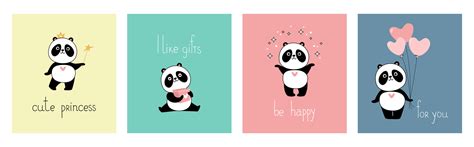 Set of cute postcards with panda. Vector flat cartoon illustration ...