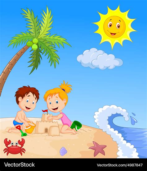 Children making sand castle at tropical beach Vector Image