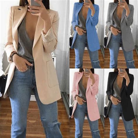 Solid Color Long-Sleeve Pocket Suit Jacket | Blazer jackets for women, Long blazer jacket, Suits ...