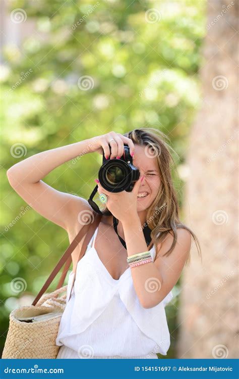 Happy Woman Photographer Holding a Dslr Camera Stock Image - Image of ...