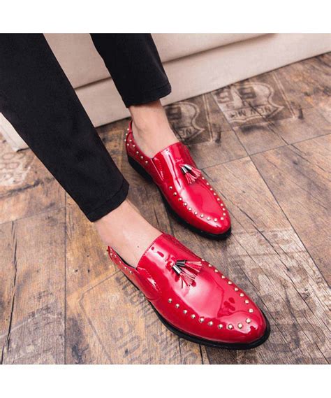 Men's #red patent leather slip on #DressShoes with rivet decoration, tassel on vamp, Point toe ...