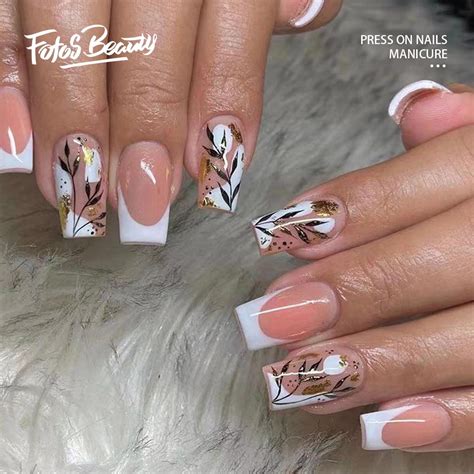 Fofosbeauty 24 pcs Short Square False Nails, Press-on Nails Designs 2022, White French Autumn ...