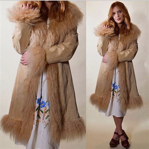 Vintage light brown shaggy faux fur collar and trim suede Penny Lane Almost Famous coat women's ...