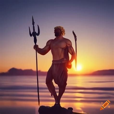 Sunset view of a greek god holding a spear on Craiyon