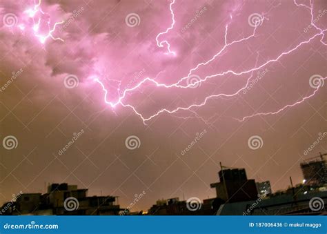 Thunder in sky at night . stock photo. Image of night - 187006436