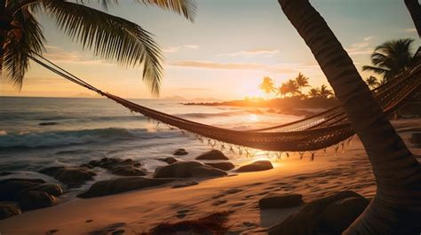 Premium AI Image | Sunset Serene Beach with a hammock in the foreground