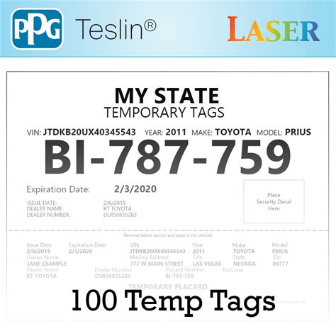 Nevada License Plate Temp Tags for Dealers - 10 Mil Teslin Synthetic Paper - 100 Sheets