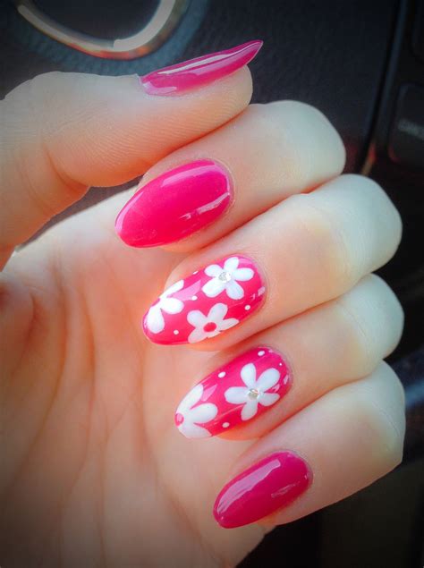 Summer bright pink gel nails with cute little flowers ))) Love them ...