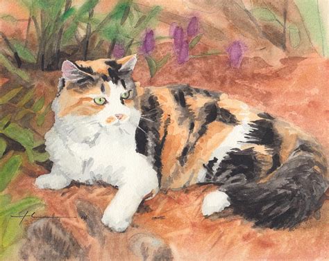 Calico Cat In Garden Watercolor Painting Painting by Mike Theuer