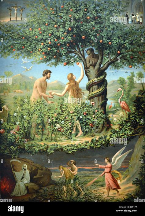 Original Sin, Adam and Eve in the Garden of Eden late c19th Chromolithography Stock Photo - Alamy