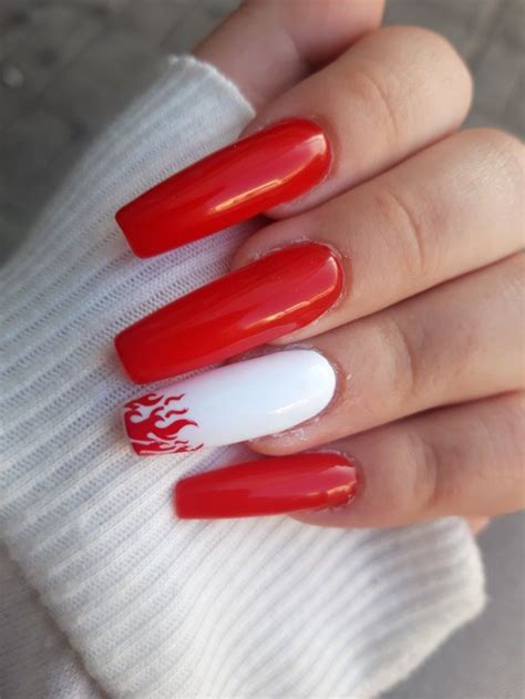Red Gel Nails | Red and white nails, Long acrylic nails coffin, Nails