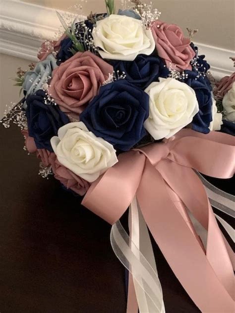 Navy Dusty Blue & Rose Bouquet Package | Etsy