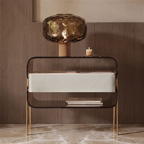 Modern Lighted Brown Nightstand with Wireless Charging Station Acrylic Bedside Table - Bedroom ...