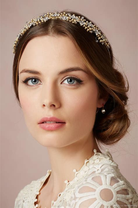 Fashion Gold Color Pearls Bridal Tiaras with Crystals Headbands Wedding Event Photography ...