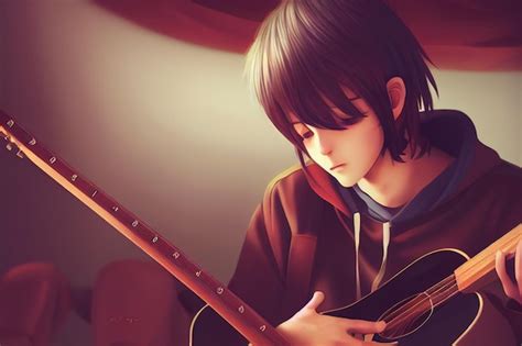 Premium Photo | Anime boy playing the guitar. 3d rendering. Raster illustration.