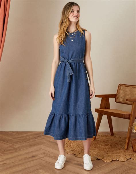 Hemp Denim Sleeveless Tiered Dress Blue | Day Dresses | Monsoon UK.