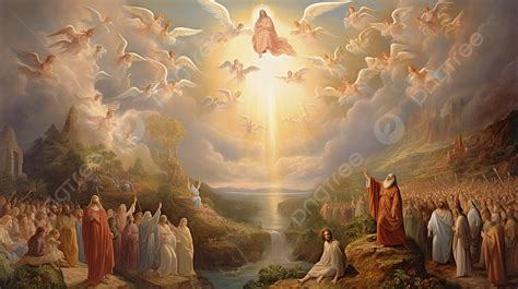 รูปพื้นหลังพระเยซูเสด็จขึ้นสู่สวรรค์พร้อมกับทูตสวรรค์รอบพระองค์ พื้นหลัง, ภาพการเสด็จมาครั้งที่ ...
