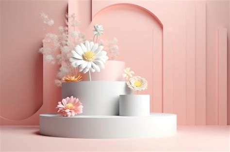 Premium AI Image | A pink cake stand with white flowers and a white cake on the top