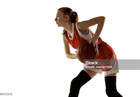 Young Caucasian Female Basketball Player Against White Studio ...