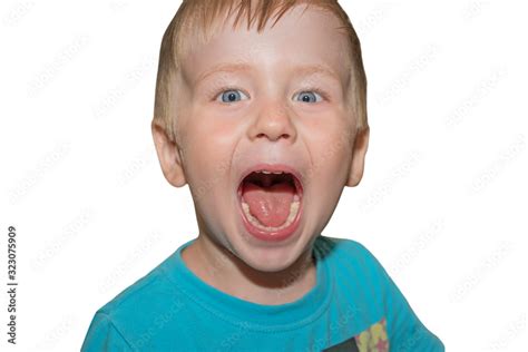 Little boy with a wide open mouth at the doctor. Isolated Stock Photo | Adobe Stock