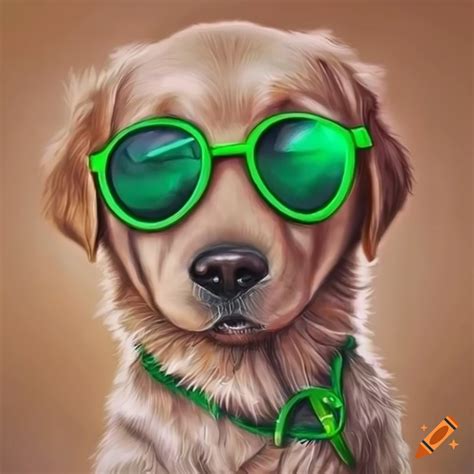Realistic drawing of a baby golden retriever with green sunglasses on Craiyon