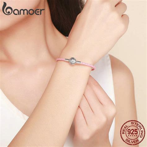 Buy Genuine 925 Sterling Silver Round Clasp Dazzling Clear Cz Leather Bracelets For Women ...