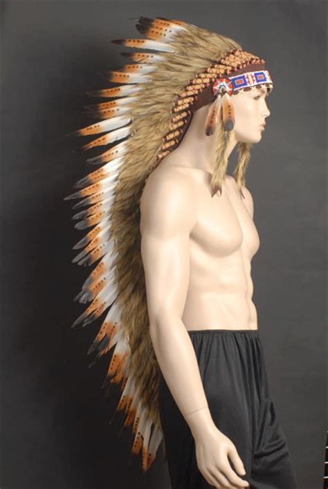 NATIVE INDIAN CHIEF FEATHER HEADDRESS 125CM LONG BROWN TIP FEATHERS