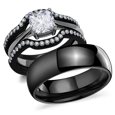 His and Hers Matching Wedding Rings - Women's Black Stainless Steel ...