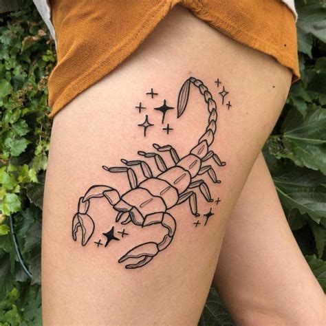 Outline scorpion tattoo inked on the left thigh | Scorpion tattoo ...