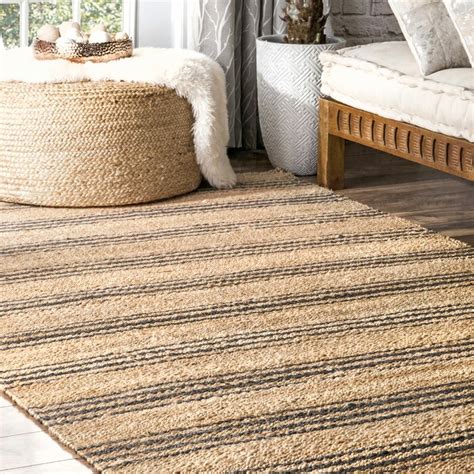 Gracie Oaks Sebeka Striped Handmade Tufted Jute/Sisal Beige/Black Area ...