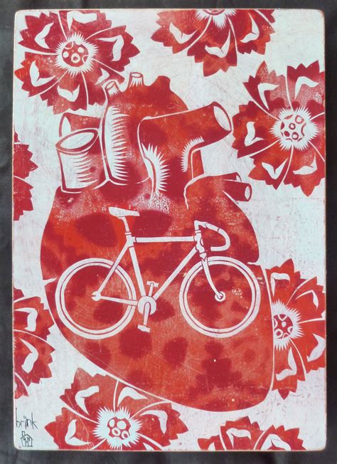 a painting of a heart with a bicycle on it's front and flowers in the back