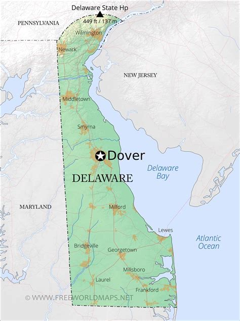 Physical map of Delaware