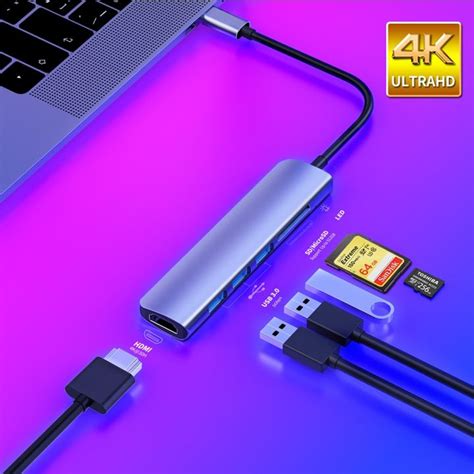 USB 3.1 Type-C ฮับเพื่อหัวแปลงสัญญาณ HDMI 4K Thunderbolt 3 USB C ฮับพร้อมฮับ3.0 TF ช่องตัวอ่าน ...