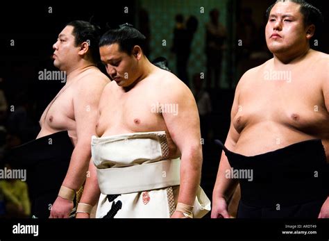 Sumo wrestlers stand for a ceremony at the Ryogoku stadium in Tokyo ...