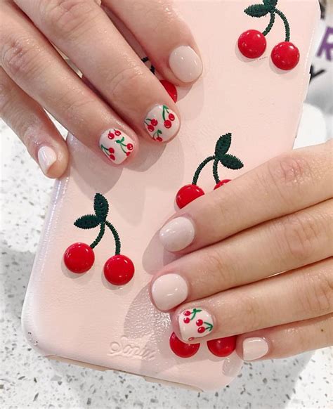 Gel manicure with hand drawn cherries. #gelmani #gelnails #nails #nailart #naildesign #cherry # ...